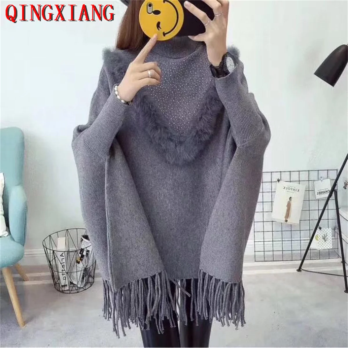 

V Style Fur Beading Diamond Sweater Tassel Loose Knitwear Long Batwing Sleeves Outside Poncho High Neck Thick Knitted Pullover