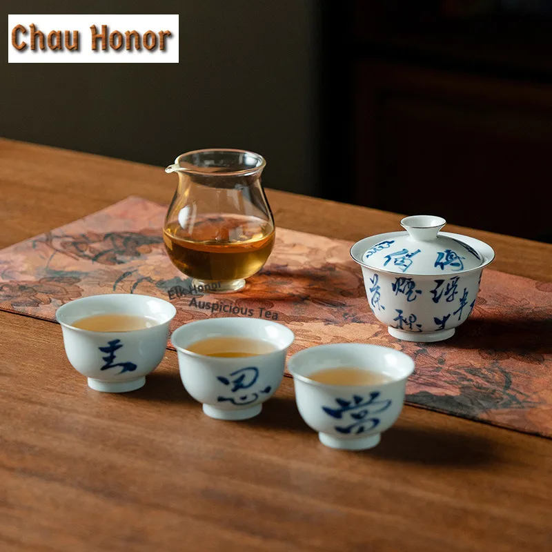 Handwritten Poetic Tracing Silver Ceramic Tea Set Complete Set Luxury Tea Ceremony Set Teapot And Tea Cup Set Tea Items Craft