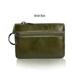 Vintage Genuine Leather Coin Purse with Keychain - Cowhide Zipper Wallet & Key Holder (Small green purse)