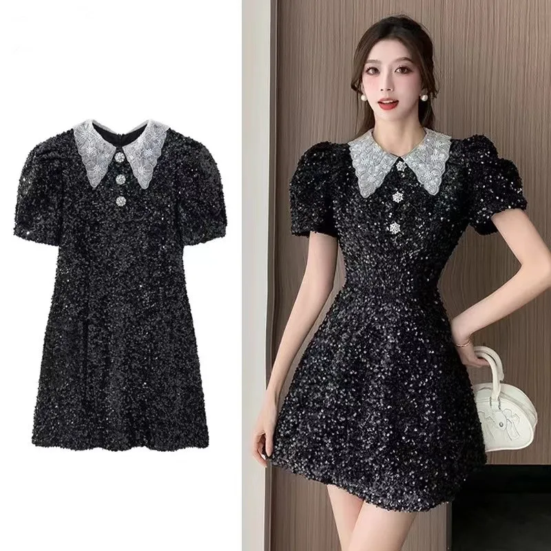 

Luxury High Quality Women Beaded Diamonds Buttons Lapel Collar Mini Dress New Summer Black Sequins Puff Sleeve Prom Party Dress