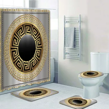 Set di tende da doccia e tappeti geometrici greci con chiave Meander Mandala, set di tappetini da bagno geometrici astratti, tappetini per decorazioni per WC 1