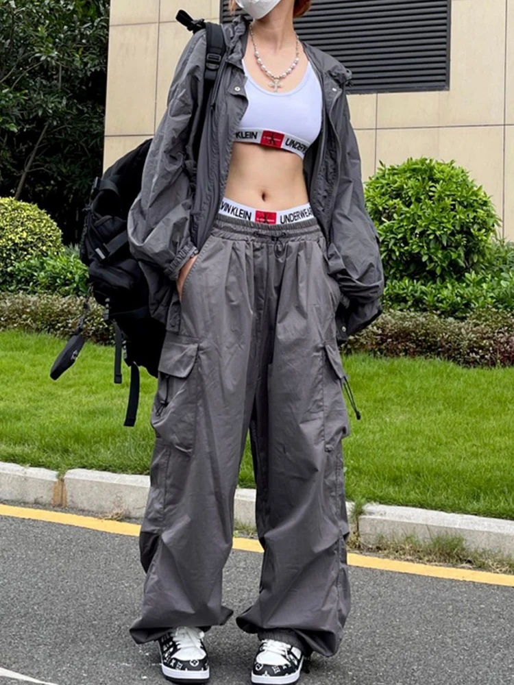 Y2K Parachute Black Pants Women Hippie Streetwear Oversize Pockets Cargo Trousers Harajuku Wide Leg Baggy Sweatpants 3