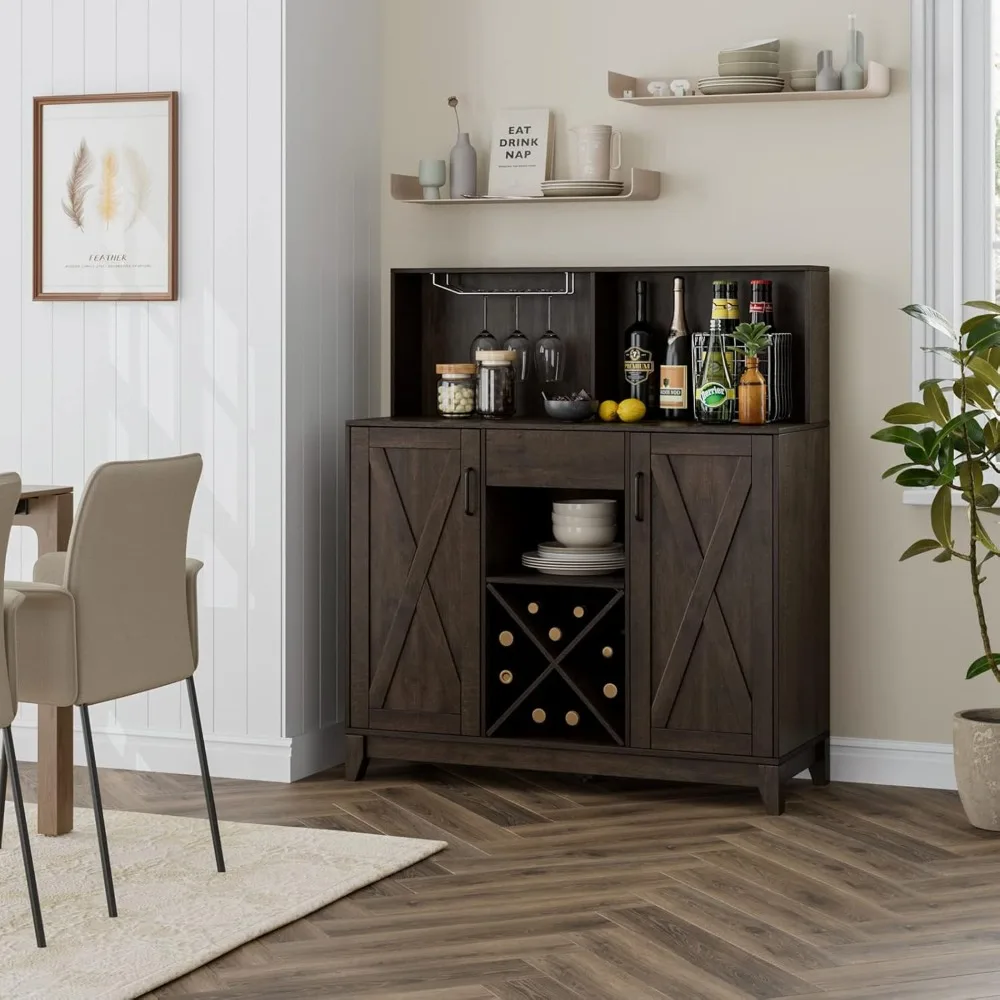 Modern Farmhouse Coffee Bar Cabinet Barn Doors Wine Liquor Bar Cabinet Storage Hutch Kitchen Sideboard Buffet Dark Brown
