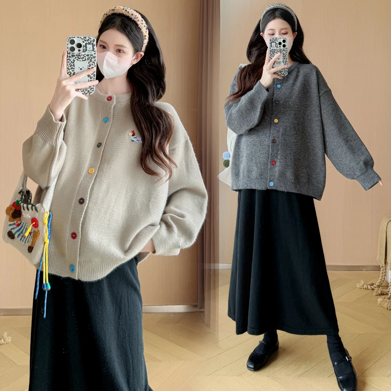 봄가을 임산부 니트 스웨터 세트 2026 신상 루즈핏 다용도 자수 강아지 오픈 가디건 미니스커트 투피스 세트