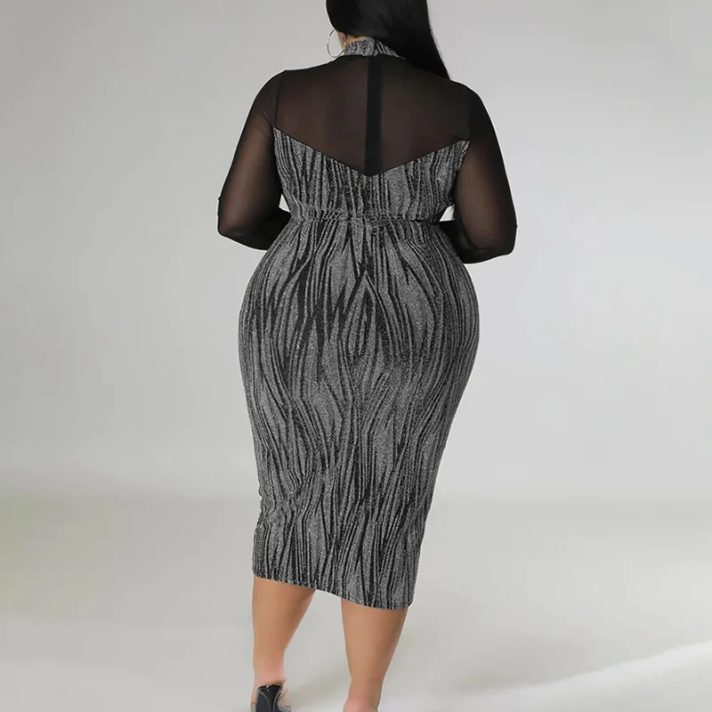 Evening Party Sexy Perspective Splicing Bright Filament A-line Skirt Club O-Neck Long Sleeve Slim Midi Bag Hip Plus Size Dress