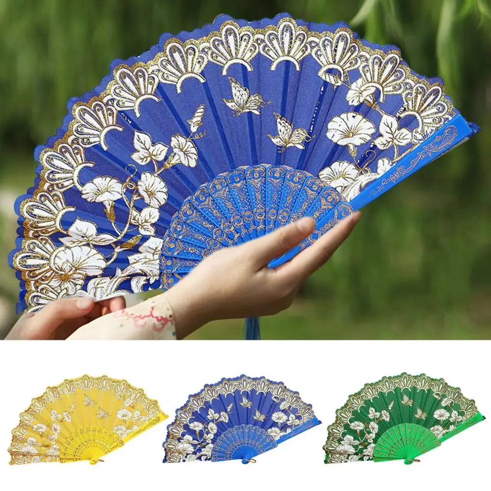 Handheld Fan Vintage Style Bright Color Flower Pattern Cloth Retro Chinese Style Folding Fan Photography Prop