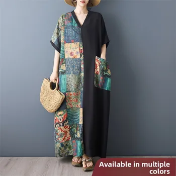Slimming Long V-Neck Short Sleeve Color Block Cotton Linen Dress for plus Size Women Artistic Loose Fit Summer City Walk Dress