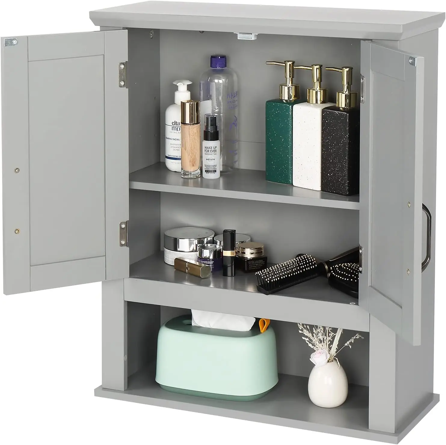 Medecine Cabinet with 2 Doors Bathrooom Wall Cabinet Grey Over The Toilet Storage Towel Cabinet 1 Adjustable Shelf Wooden