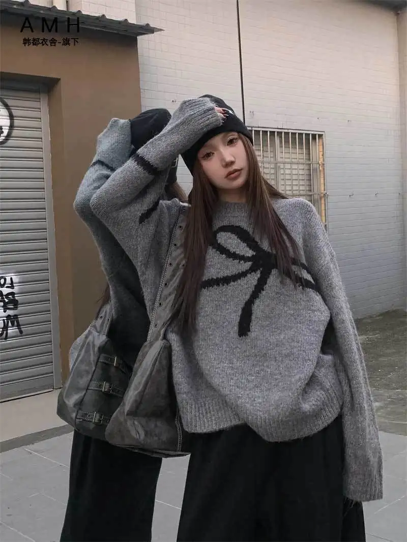 

Fashionable contrasting bow pullover sweater women new autumn winter Korean style loose outer wear lazy style trendy top urban