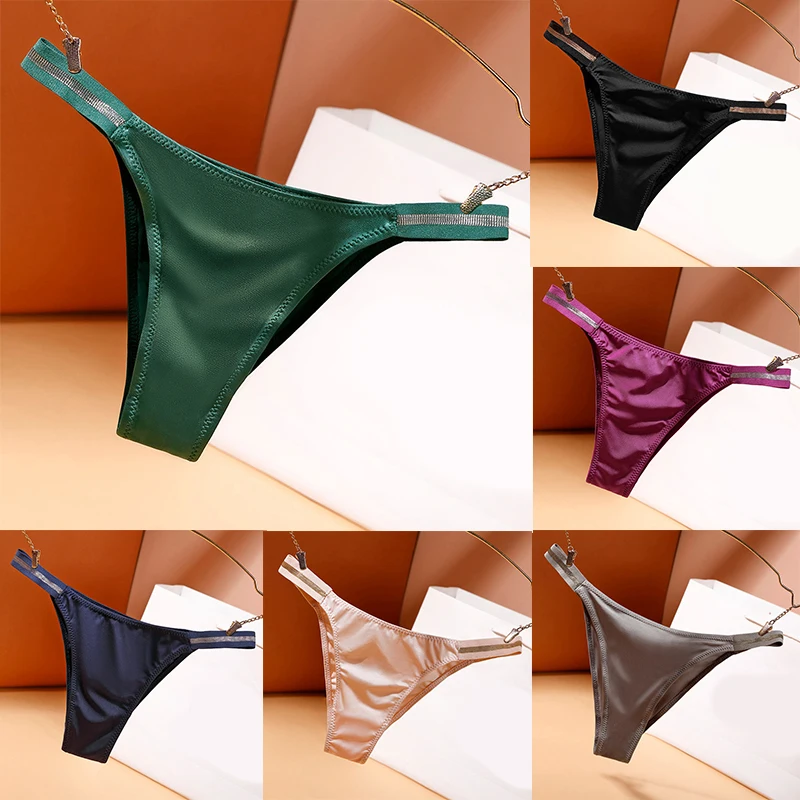 

1PC Low Waist Bikini Briefs Sexy Thong Panties Woman Seamless Underwear Sports T-back Soft Ice Silk Girl Underpants S-XL Size