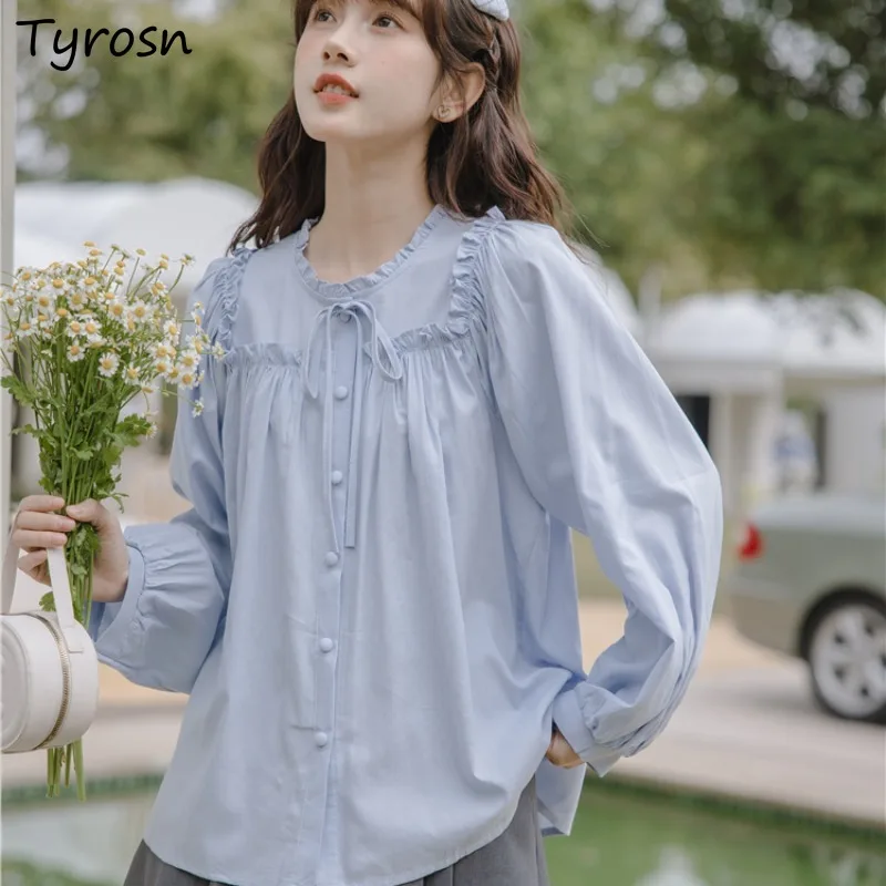 

French Long Sleeve Shirts Women Vintage Ruffles Sweet Preppy Versatile Tops All-match Lace-up Baggy Clothes Youthful Kawaii Ins