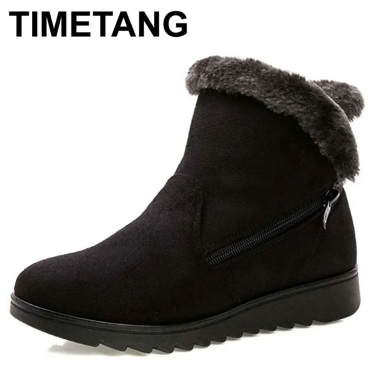 TIMETANG Women Ankle Boots Rabbit Fur New Fashion Waterproof Wedge Platform Winter Warm Snow