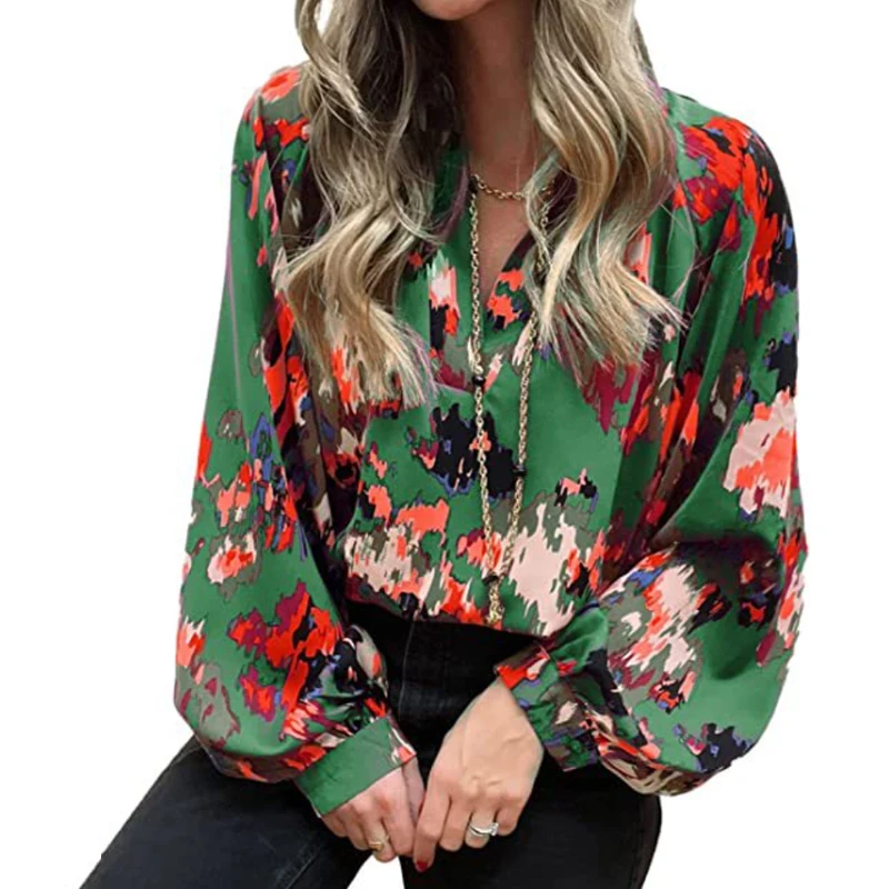 

Woman Elegant Chiffon Blouse Casual Bohemian Abstract Print Shirt Loose Turn Down Collar V-neck Lantern Long Sleeve Tops 25145