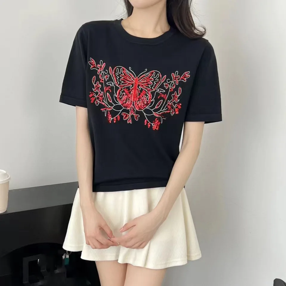 

Новинка 2024, Стильная летняя красивая тонкая универсальная трикотажная футболка с блестками и бабочками в китайском стиле