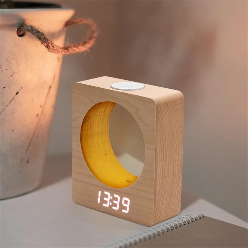 

Square LED Digital Wood Clock Moon Alarm Clock Night Light Desktop Table Decor Voice Control Snooze Function Desk Tools 20