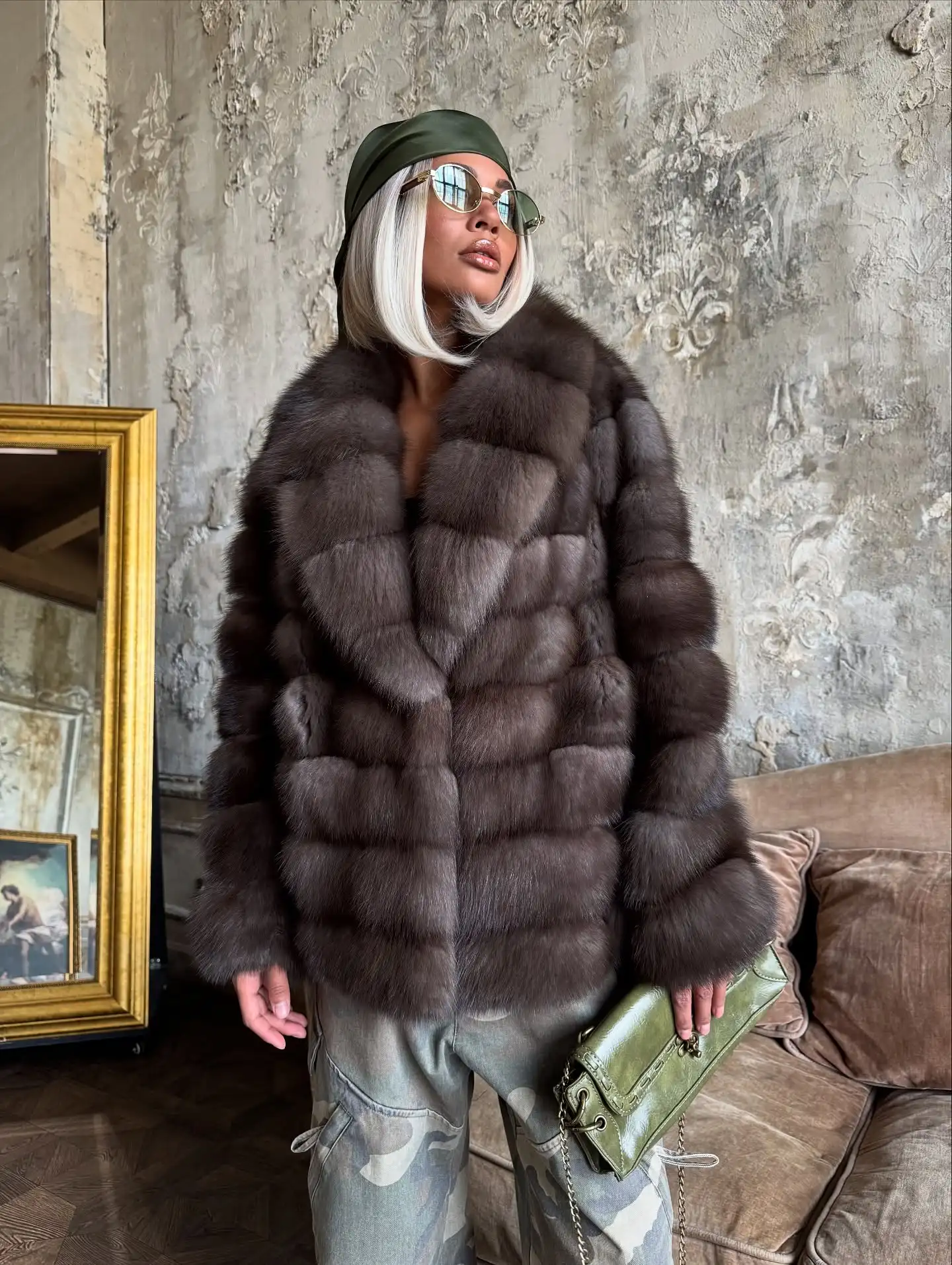 Women Brown Medium-length Fur Coat Lapel Hidden Button Loose Elegant Outerwear 2025 Fashion Office Lady Commute Overcoat New