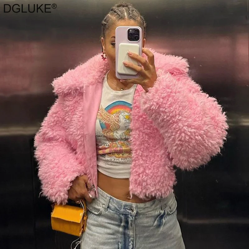 

Pink Plush Cropped Jacket For Women Zipper Fluffy Bomber Jacket Y2K Japanese Streetwear Oversize Winter Jacket Coat