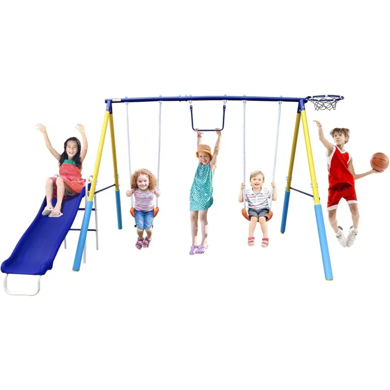 

Swing Sets for Backyard with Slide, Basketball Hoop, Two Swing Seats and Gymnastics Rings, Playground Set for Kids Outdoor