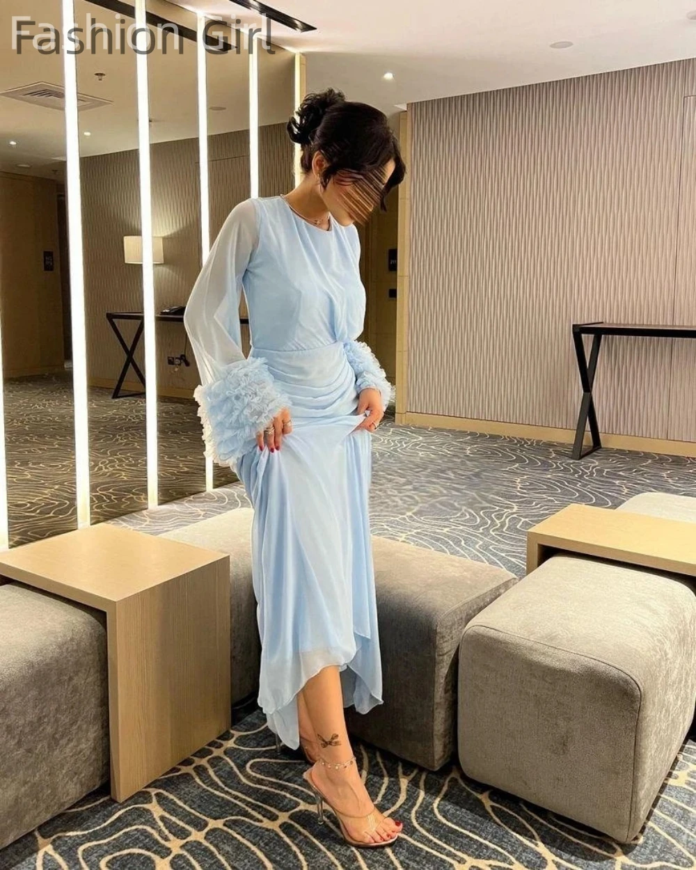 

Simple Blue Prom Dresses Long Flare Sleeves Ruffles Chiffon Elegant Evening Dresses For Women 2023 New Formal Occasion Dress
