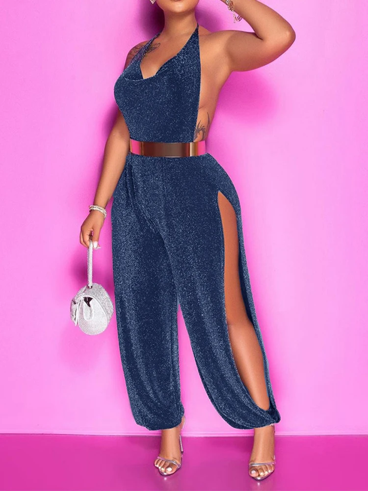 WannaThis Backless Bright Silk Jumpsuit Women Hollow Out Pile Collar Sexy High Slit Exotic Chic Night Jumpsuits 2023 Club Trends