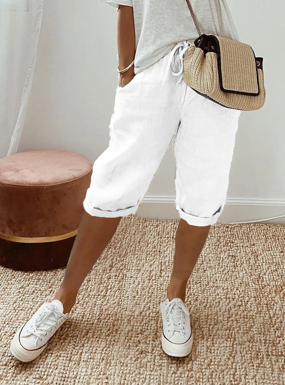 Women's Cotton and Linen Pocket Elastic Casual Pants Women's Pants Quarter Pants