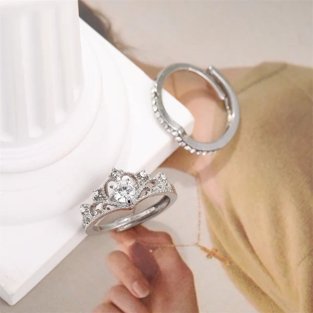 2PCS Fairy Sparkling Crown Rings for Women Teen Crystal Korean Adjustable Silvery Anniversary Gift Party Queen Ring Set Jewelry 5