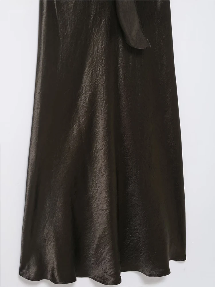 Satin Ruched Long Dresses for Women Long Sleeve V neck Midi Dress Woman Tied Party Womens Dresses Casual Female Dress