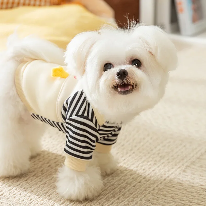 Pet clothes autumn and winter cute little penguin striped cartoon suspender two leg hoodie cat plush puppy