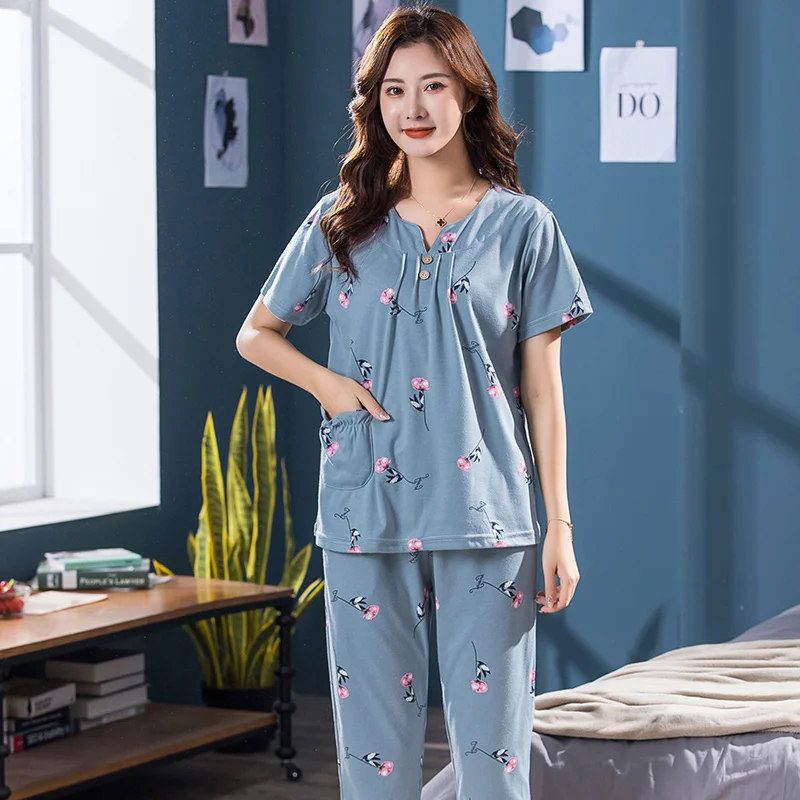 Big Yards XXXXL summer sleepwear women pajamas sets v-neck floral short sleeve pajama suit cotton women homewear suit soft women pajamas set women pajama suit cotton pajamas set