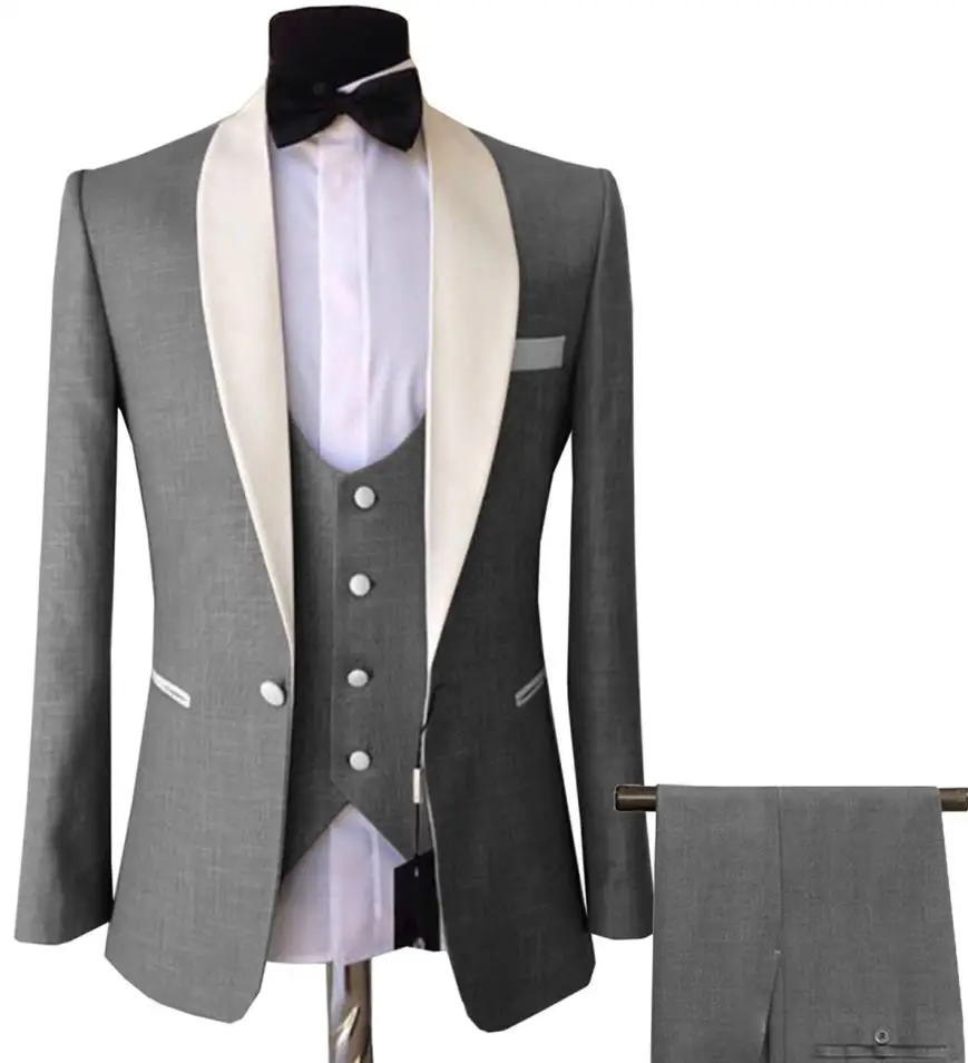 

2023 New Fashion Style Groomsmen Shawl Ivory Lapel Groom Tuxedos Grey Men Suits Wedding Best Man ( Jacket+Pants+Bow Tie+Vest )
