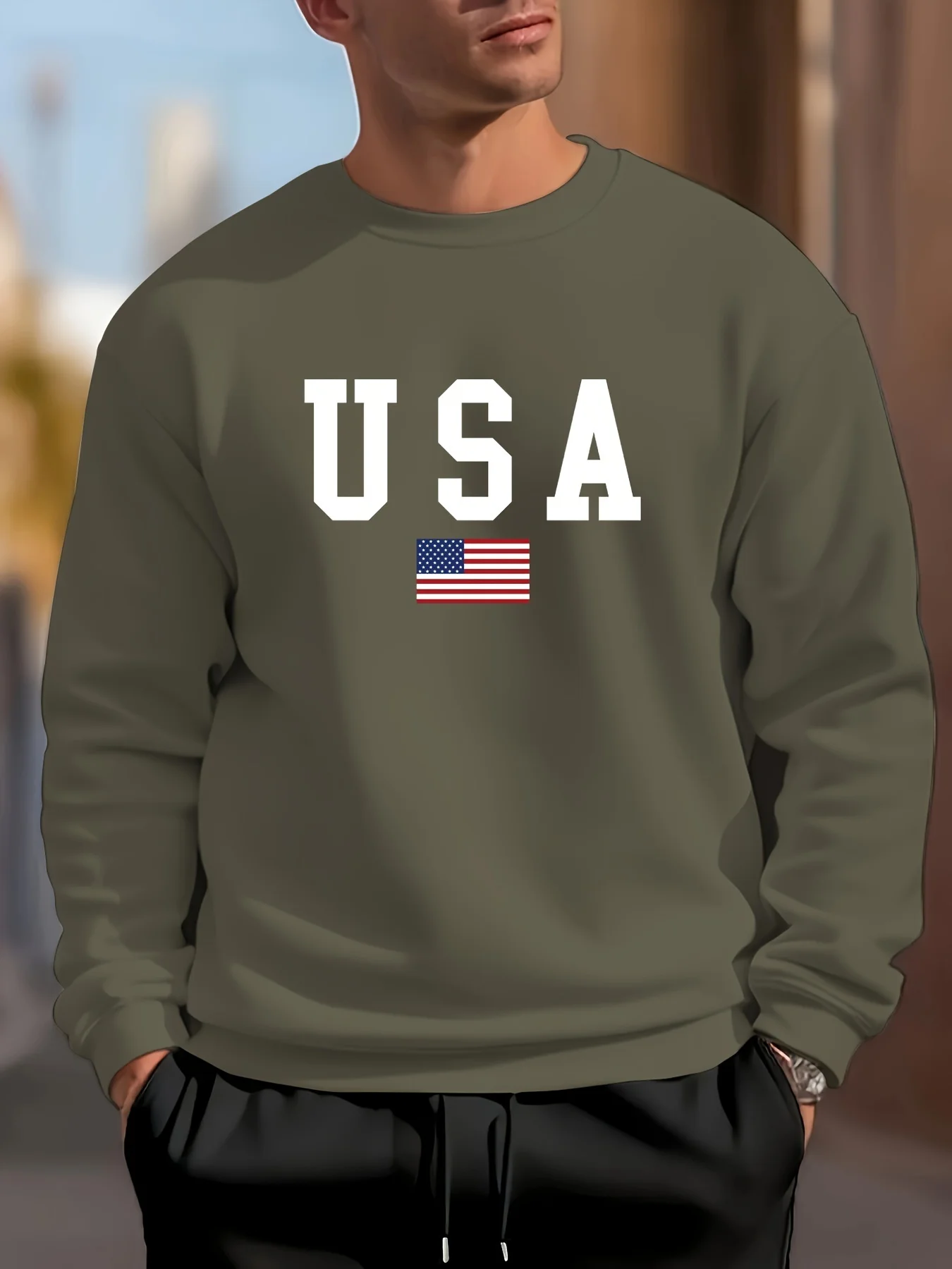 Men's autumn and winter fashionable casual loose American flag print pullover long sleeved warm round neck sweatshirt