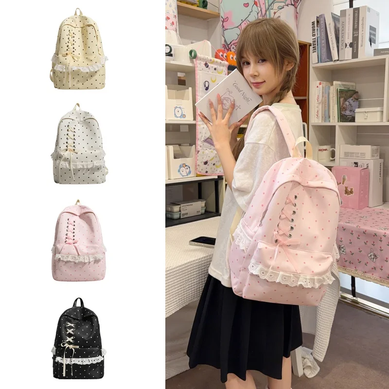Kawaii Polka Dot Aesthetic Preppy Backpack with Bow and Ruffed Lace School Bag Coquette Travel Casual Daypack for Girls 1