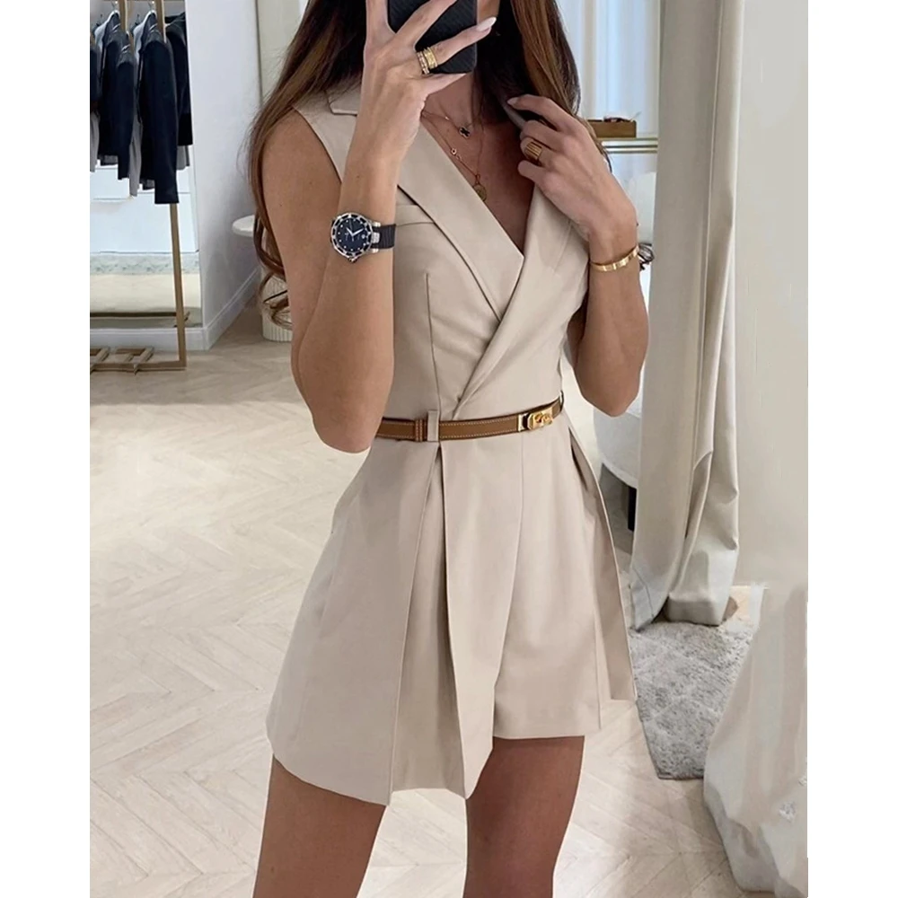 Summer Women Solid Color Ruched Blazer Romper Fashion Nothched Collar Sleeveless Playsuit for Femme Elegant Work Wear Outfits