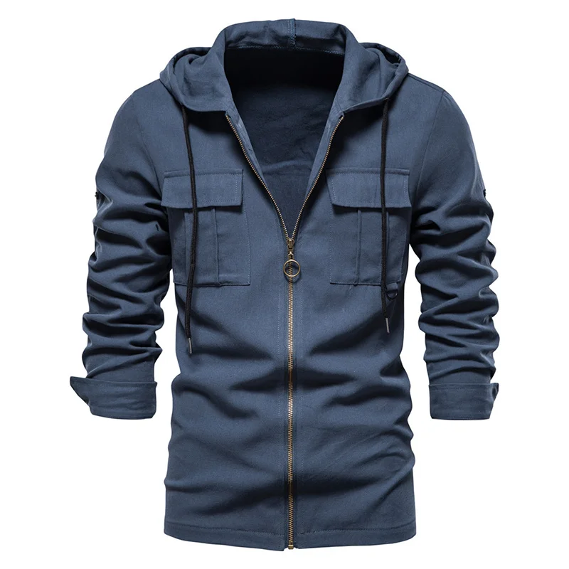 

New Spring Men's Shirts Solid Color Long Sleeve Hooded Shirt For Men Zipper Casual Pockets Cotton Men Shirt Jacket