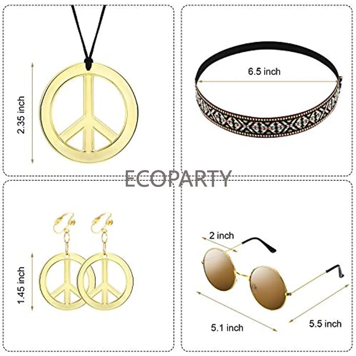 3PCS Women Hippie Costume Set - 70s Hippie Boho Flower Headband Gold Peace Sign AWAYTR 3PCS Set de disfraces hippie para mujer: Dominican  main image 4