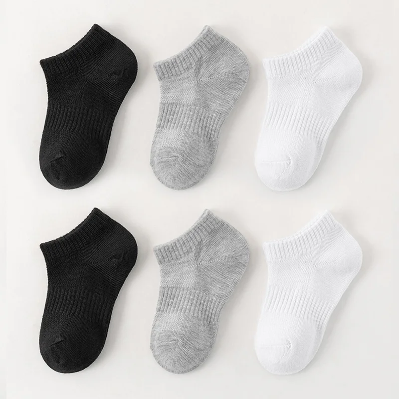 6 Pairs Kids Socks Breathable Mesh Girls Ankle Socks White Black Solid Colors Boys Sports Socks for Spring Summer