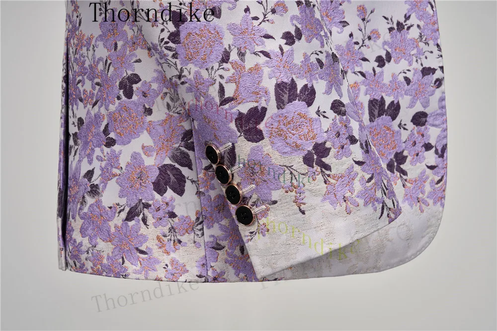 Thorndike Lilac Purple Floral Pattern Tuxedos 3 Pieces Formal Party Costume Homme Slim Fit Men Suits (Blazer + Vest + Pants)