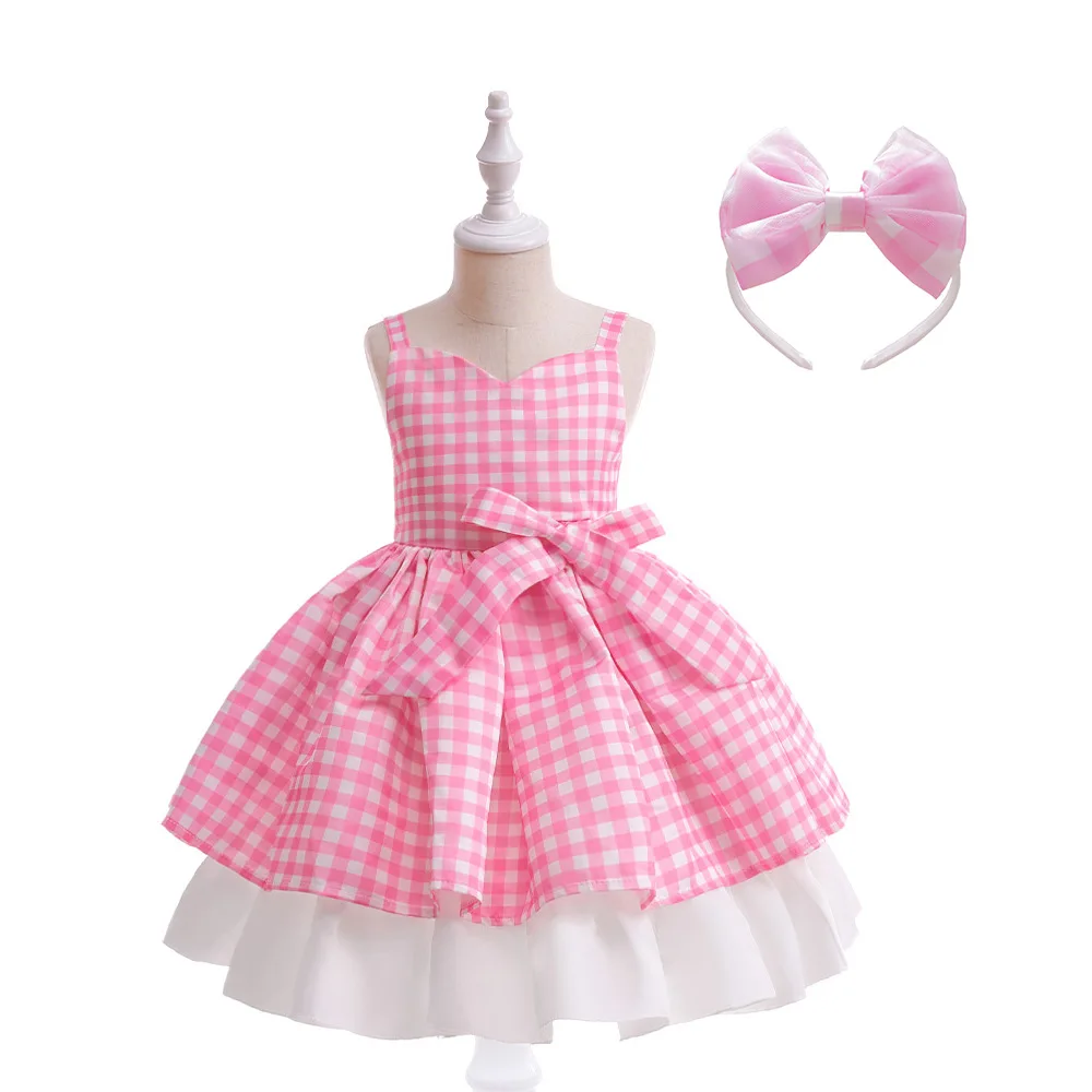 LAUPHIE Girls Pink Gingham Dress Costume - Princess Dress Up Outfit With Accessories