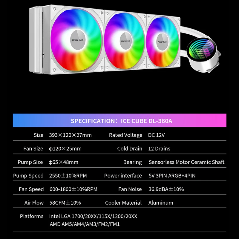 POWER TRAIN Liquid CPU Cooler Ice Cube DL360, ARGB Integrated Water Cooling, 360mm Radiator, Intel AMD Compatible, CPU Liquid Cooler - Image 4