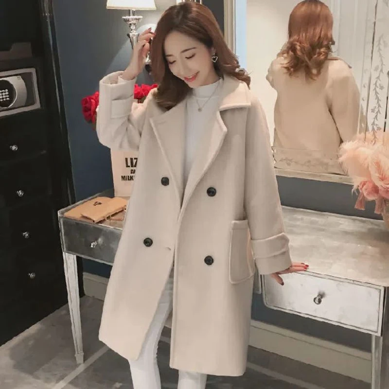 

Spring Autumn winter Female Overcoat Slim Turn-dwon Collar Double-breasted Woolen Coat Women Plus Size Wool Coats