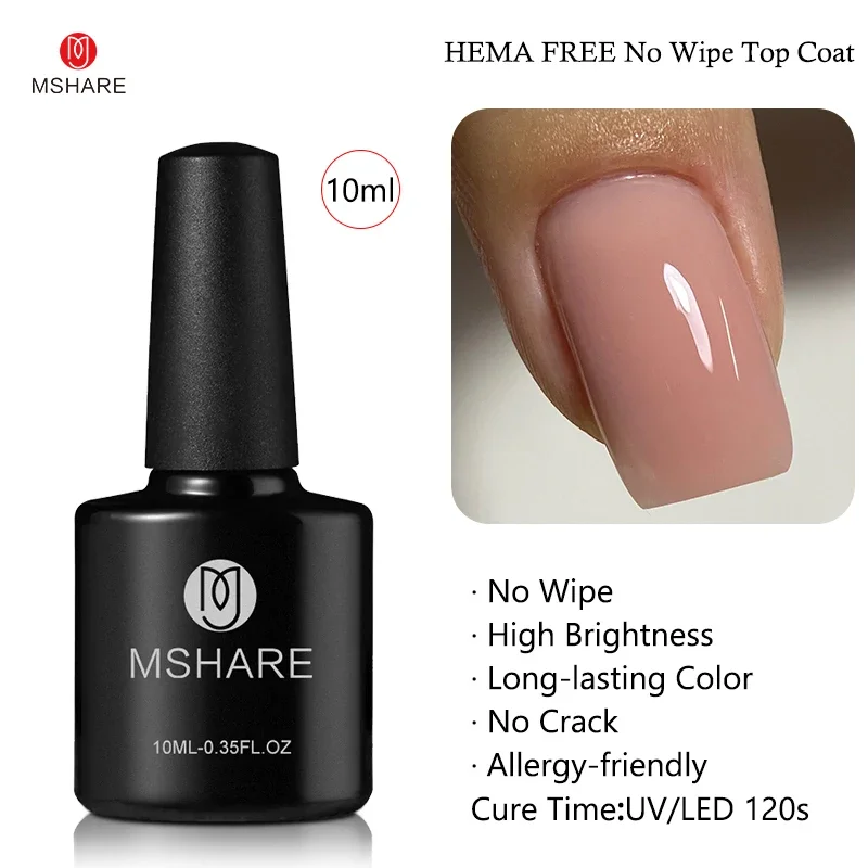 Mshare Hema Free Top Coat Base Gel Polish Nail Product Uv Led No Wipe Shine Dimond Matte Semi Permanant Soak Off 10ML