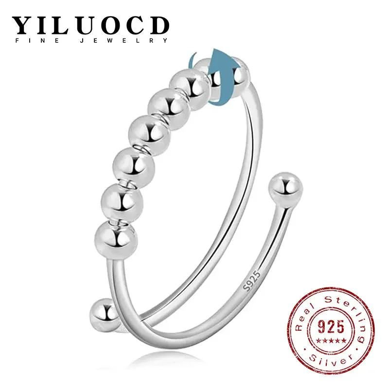 925 Sterling Silver Stress Relief Fidget Spinner Rings Rotate Beads Anxiety Adjustable Rings for Women Men Fine Jewelry silver rings,silver ring,rotating ring