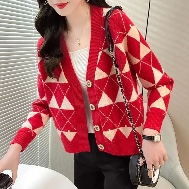 Fashion V-Neck Button Spliced Loose Lattice Cardigan Sweater Female Clothing 2022 Autumn New Casual Tops Long Sleeve Korean Coat