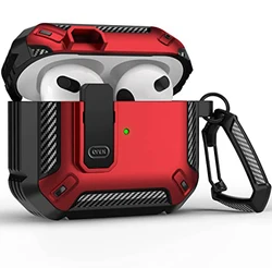 Rugged Shockproof Protective Case with Lock & Keychain in Military Hard Shell Design - Airpods 3 (Red)
