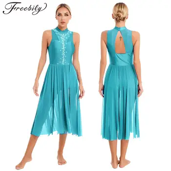 Women Contemporary Modern Lyrical Dance Dress Sleeveless Rhinestone Split Leotard Dresses Ballet Skating Performance Costume