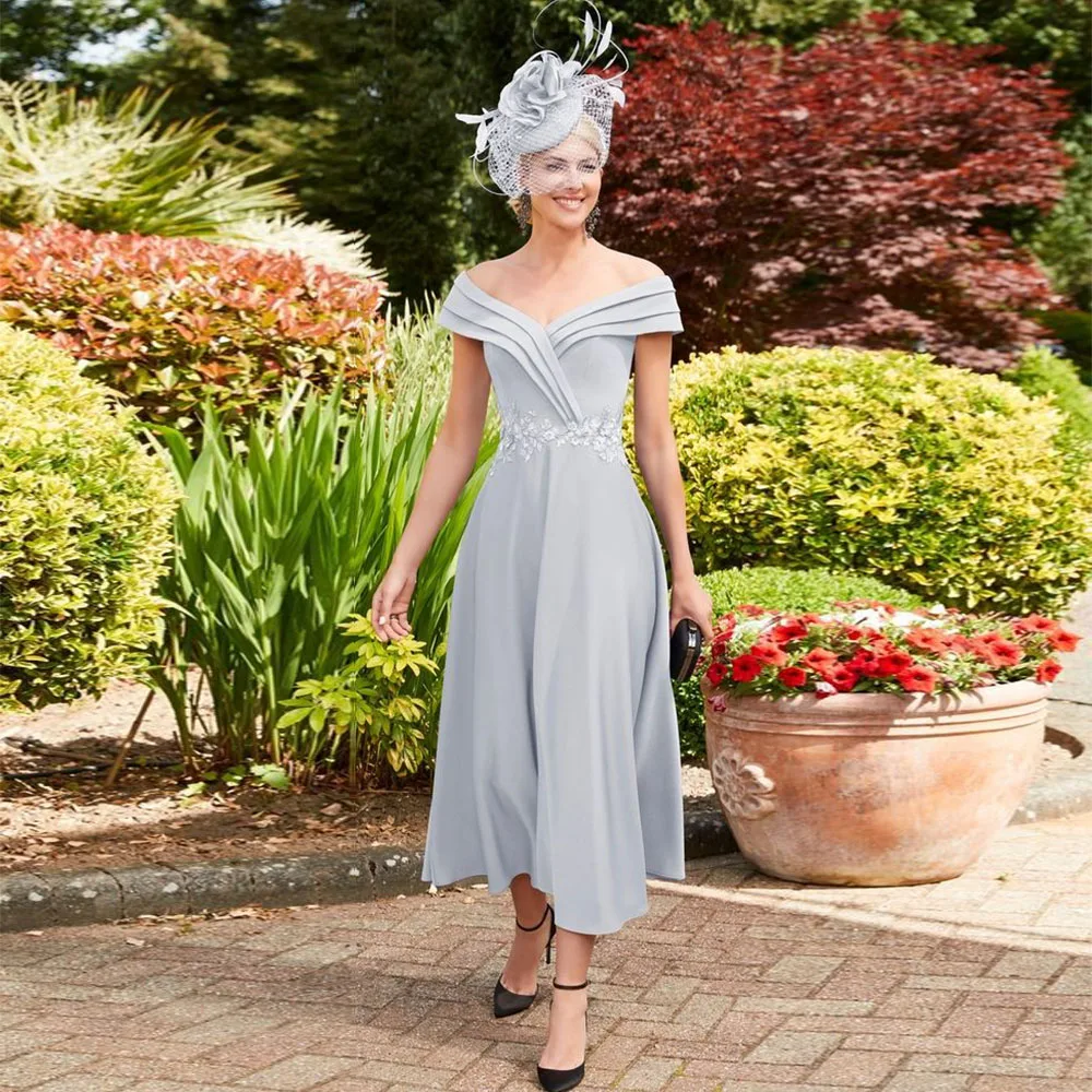 

Elegant A Line Silver Chiffon Tea Length Mother of the Bride Dresses for Weddings Evening Party Dresses for Women Wedding Gowns