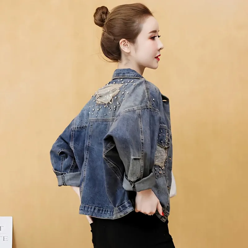 

Women Clothing Korean Fashion Short Denim Jacket Spring Autumn Vintage Rivet Hole Plus Size Cowboy Outerwear Female Casual Tops