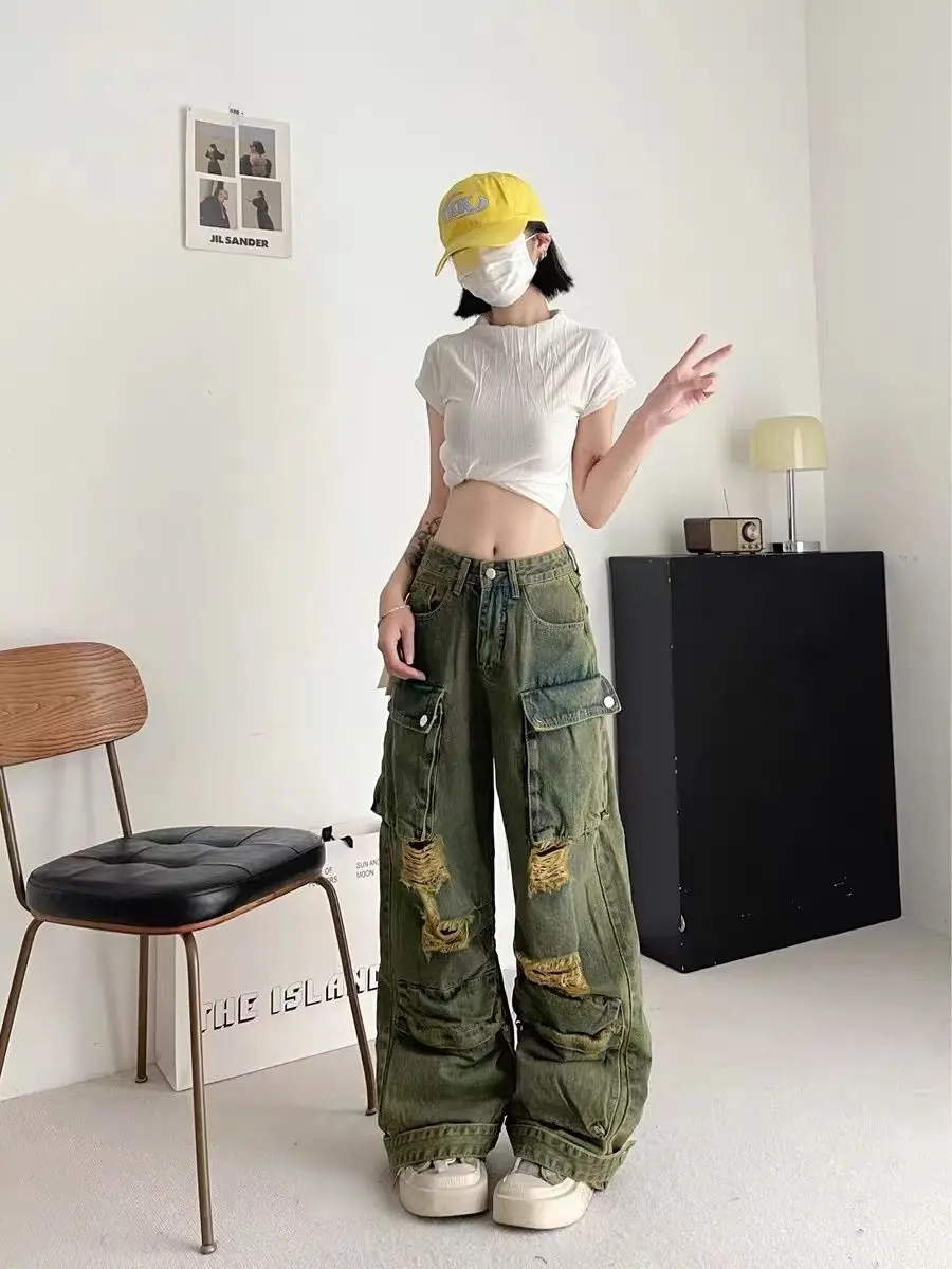Cargo Jeans Multiple Pockets Ripped Vintage Y2k Large Size Baggy Denim Trousers Harajuku Cowboy Pants 2024 Floor-Length Trousers