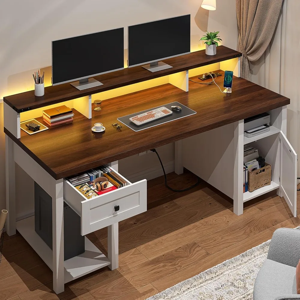 55" Computer Desk with Drawers, Power Outlets, Long Monitor Stand, Storage Cabinet Desks with Drawers, Computer Desk 2
