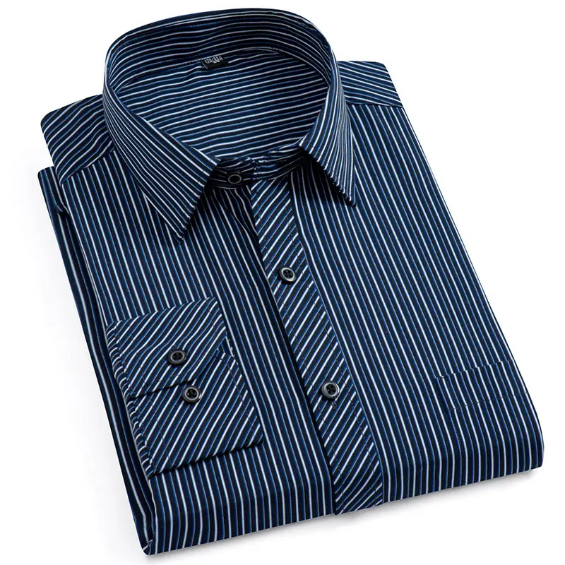 Long Sleeve Formal Mens Striped Dress Shirts Social Turn-down Collar With Pocket Regular Fit Business Smart Casual Shirt For Man